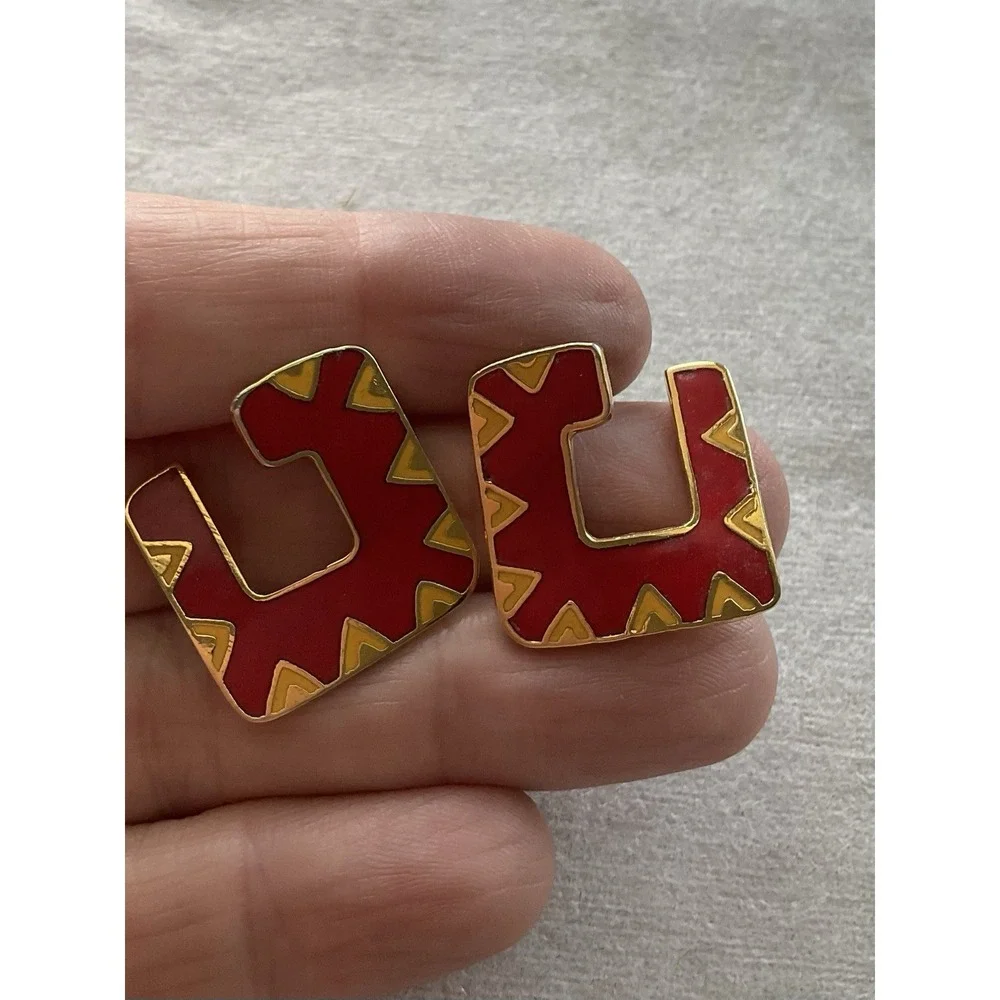 Laurel Burch "Galeza" square stud earrings Red Yellow Enamel Vintage - Picture 5 of 8